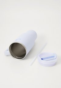 White stainless steel tumbler with a matte finish, silver interior, a light purple lid, and a matching straw on a plain background.