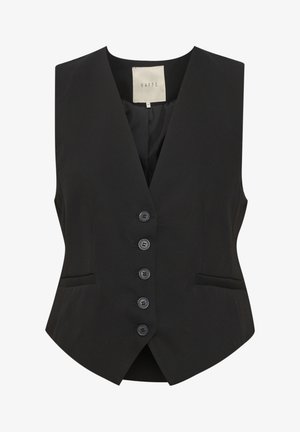 Black vest with a V-neckline, five-button front closure, two side pockets, and a tailored fit. Made from smooth fabric. Tag labeled "KAFFE."