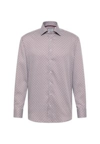 Camicia a maniche lunghe con sfondo bianco, piccolo motivo geometrico rosso e blu, colletto button-down e polsini standard.