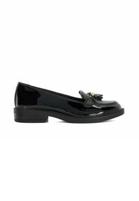 Zwarte lakleren loafers met een lage hak, voorzien van een textuurpaneel en een kwastje aan de voorkant. Glad, glanzende afwerking.
