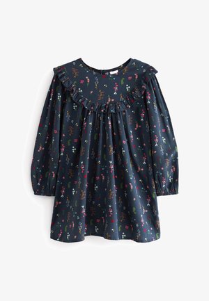 Robe bleu marine à manches longues avec un petit motif floral multicolore et un détail à volants sur la poitrine et les épaules.