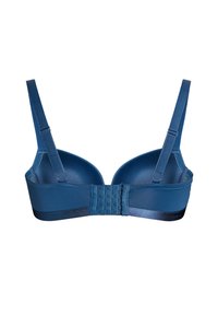 Blauwe gestoffeerde bh met een gladde stof, verstelbare bandjes en een haak-en-oogsluiting op de rug. Slank ontwerp met een contrasterende band.