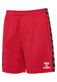 Rode sportieve shorts met zwarte geruite zijpanelen en een wit logo op de rechterbenedenkant. Gemaakt van lichtgewicht, ademend materiaal.
