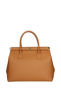 Borsa in pelle color tan con forma strutturata, due manici superiori e una superficie liscia. Caratterizzata da ferramenta color oro e cuciture decorative.