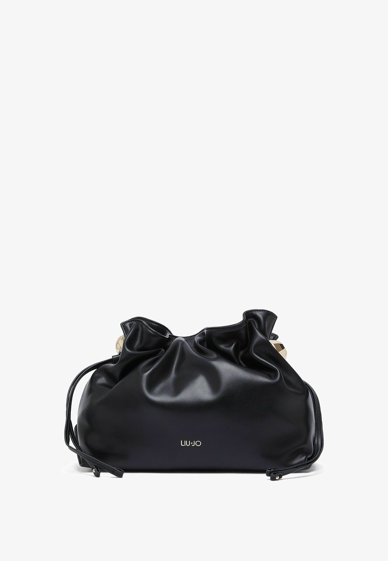 Sac à main en cuir souple noir avec un haut froncé, des accents décoratifs dorés, des bretelles latérales réglables et le logo "LIU·JO" au centre devant.