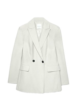Blazer grigio chiaro in tessuto liscio, con design a doppiopetto, revers intagliati, due tasche frontali e bottoni neri.