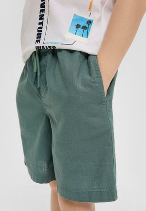 Shorts en coton vert à coupe décontractée, dotés d'une taille élastique et de poches latérales. Texture lisse et design simple.