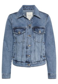 Ljusblå denimjacka med klassisk krage, två bröstfickor och silverfärgade knappstängningar. Har en något blekt struktur.