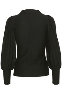 Black blouse featuring puffed sleeves, a high neckline, and a fitted shape. Smooth fabric with a matte finish and simple back seam details.
