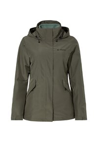 Giacca impermeabile verde oliva, con cappuccio, zip frontale, tasche laterali e polsini regolabili. Realizzata in tessuto liscio e leggero.