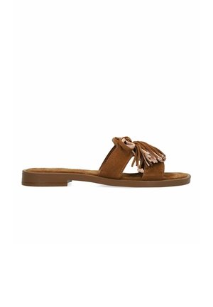 Brown suede slide sandal with a flat sole, wide strap, and decorative knotted tassels on top.