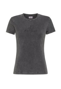 Kortärmad T-shirt med rund hals i mörkgrått med en blekt textur. Har en "Re-pose"-grafik i svart över bröstet.