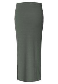 Ribbed, olive green midi skirt with a fitted silhouette, side slit, and elastic waist, made from a stretchy material. Plain design.