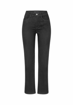 Schwarze Denim-Jeans mit geradem Bein und hoher Taille, ausgestattet mit Seitentaschen und einem einzelnen vorderen Knopfverschluss. Glattes, strapazierfähiges Material.