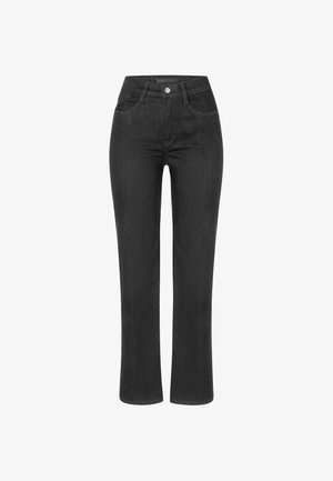 Schwarze Denim-Jeans mit geradem Bein und hoher Taille, ausgestattet mit Seitentaschen und einem einzelnen vorderen Knopfverschluss. Glattes, strapazierfähiges Material.