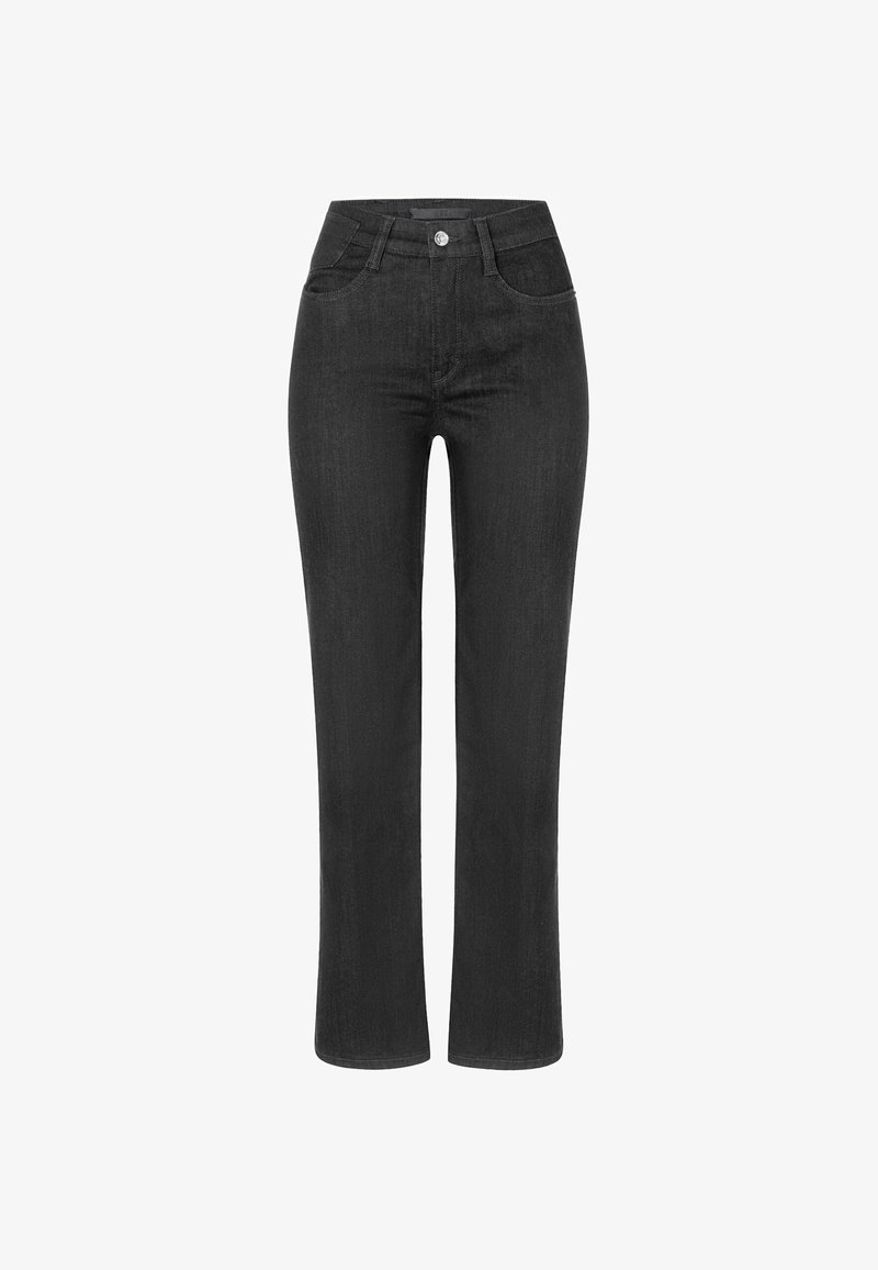Black high-waisted straight-leg jeans with front button, zip closure, front and back pockets, displayed on a plain white background.