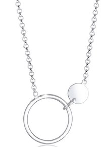 Silver necklace featuring a large circular pendant and a smaller circular charm, both with a polished finish, on a linked chain.