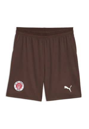 Short de sport marron avec le logo du club FC St. Pauli 1910 sur la jambe gauche et le logo blanc Puma sur la jambe droite, taille élastique.