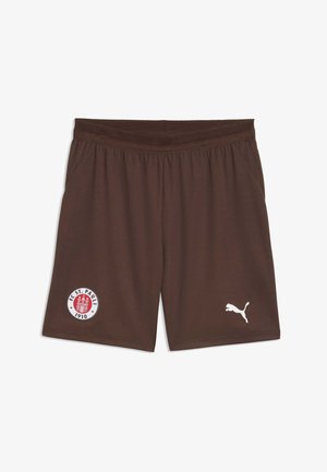 Brązowe krótkie spodenki sportowe z logo klubu FC St. Pauli 1910 na lewej nodze i białym logo Puma na prawej nodze, elastyczny pas.