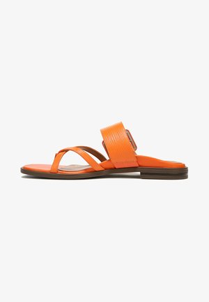 Orange sandals with a smooth leather finish, featuring two crisscross straps and a wide textured strap. Flat sole with minimal heel.