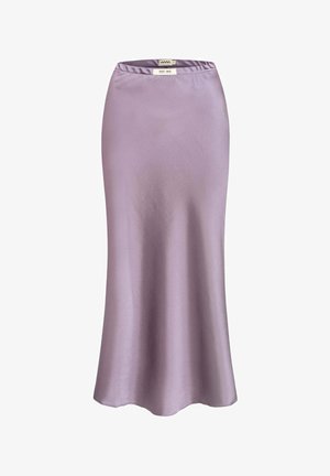 Lawendowa satynowa spódnica midi o gładkiej fakturze, z rozcięciem u dołu i elastycznym pasem dla komfortu. Błyszczące wykończenie podkreśla odbicie światła.