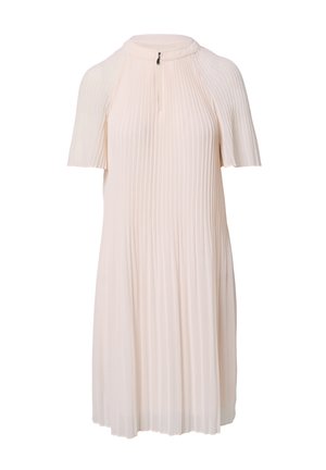 Plooid jurk met korte mouwen in lichtbeige met een hoge halslijn en een halve rits aan de voorkant, met een vloeiende silhouet.