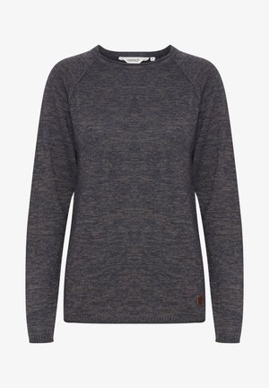 Mørkegrå, langærmet striktrøje med rund hals, raglanærmer og lille brun logo-patch nederst til venstre foran.