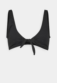 Top de bikini preto com um acabamento texturizado, alças largas e um detalhe de laço na frente. Design simples com uma silhueta clássica.