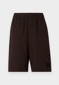 Brown elastic-waist shorts with side pockets, textured fabric, and a black embroidered logo on the left leg.
