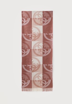 Écharpe rectangulaire avec des rayures verticales alternées marron clair et foncé, présentant des motifs de logo circulaires et entrelacés ainsi que des franges aux deux extrémités.