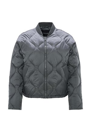 Gray quilted bomber jacket with a high collar, zip closure, and subtle wave pattern. Made from lightweight, shiny material with a cropped fit.