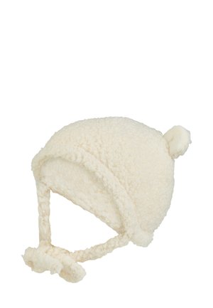Cream-colored fleece hat featuring a rounded shape, a pom-pom on top, and braided ties with tassels at the ends. Soft texture throughout.