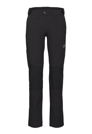 Sorte udendørs bukser med justerbar talje, lynlåslomme i siden og forstærkede knæpaneler.