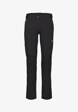 Sorte udendørs bukser med justerbar talje, lynlåslomme i siden og forstærkede knæpaneler.