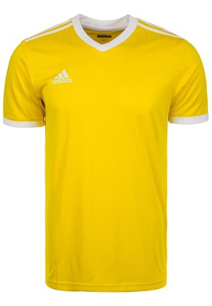 Maillot de sport Adidas jaune à manches courtes avec col en V blanc, poignets blancs et logo Adidas blanc sur la poitrine.