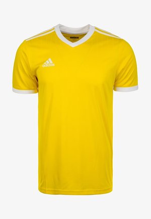 Maillot de sport Adidas jaune à manches courtes avec col en V blanc, poignets blancs et logo Adidas blanc sur la poitrine.