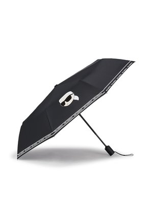 Black umbrella with a smooth fabric canopy, featuring a cartoon character logo, and a black metal frame with a wrist strap.