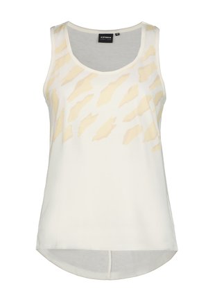 Weißes ärmelloses Tanktop mit einem hellbeigen abstrakten Muster, abgerundetem Saum und glatter Stofftextur. Größenetikett sichtbar.