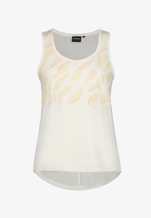 Witte mouwloze tanktop met een licht beige abstract patroon, een ronde zoom en een zachte stoftextuur. Maatlabel zichtbaar.