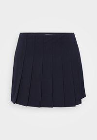 Navy pleated skirt made from smooth fabric. Features a waistband and distinct vertical pleats, offering a structured silhouette.