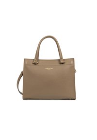 Borsa in pelle taupe con doppi manici superiori, una tracolla removibile e accessori in oro. Presenta un design elegante e strutturato con dettagli minimal.