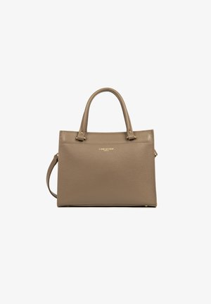 Taupe leather handbag with dual top handles, a detachable shoulder strap, and gold hardware. Features a sleek, structured design with minimal detailing.