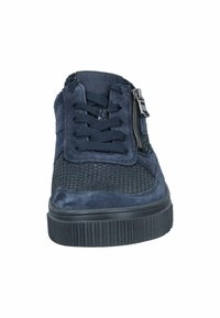 Navy sneaker with mesh and suede upper, round toe, lace-up and zip closure, textured rubber sole with vertical grooves.