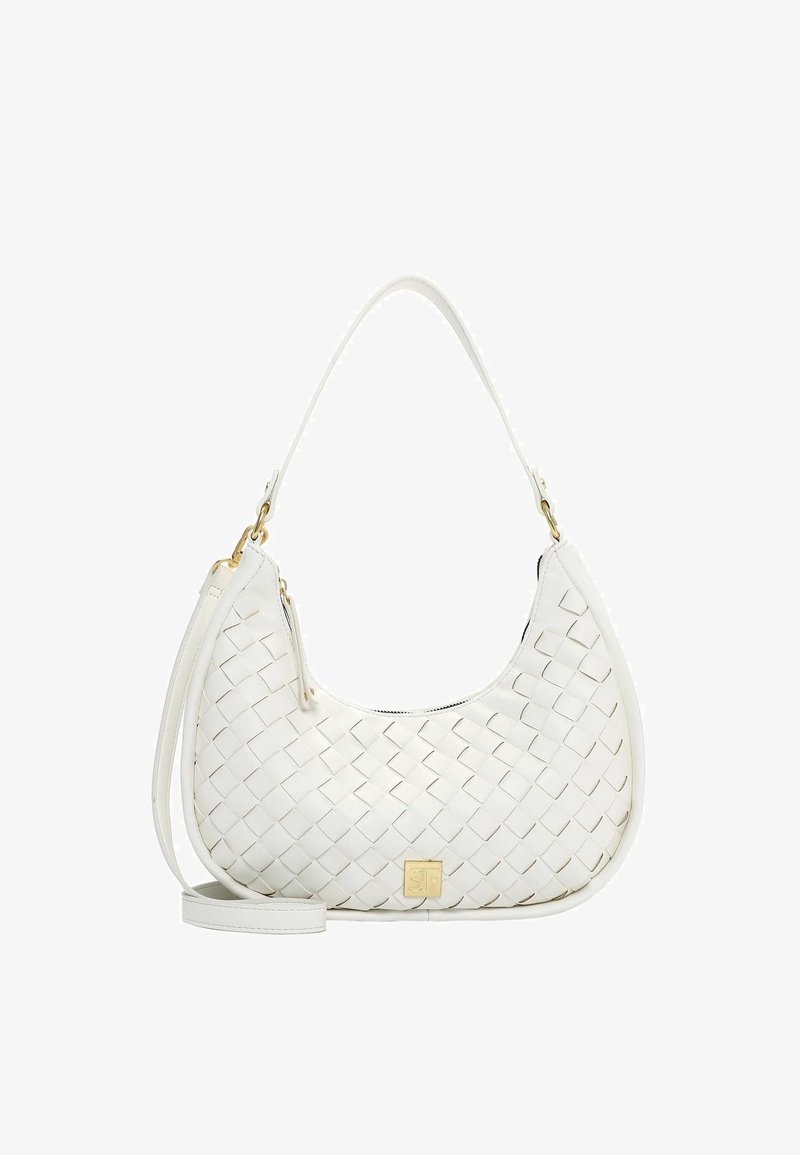 Balta austas ādas soma ar izliektu formu, vienu plecu siksnu, noņemamu plecu pār plecu siksnu un zelta kvadrātveida logotipa plāksni priekšpusē.