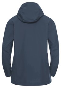 Giacca impermeabile blu navy con cappuccio, dotata di maniche lunghe e tasche laterali con zip, texture liscia e design semplice.