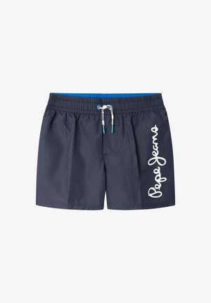 Navyblauwe zwemshorts met elastische tailleband en witte trekkoord, met een verticale witte "Pepe Jeans"-logo op het rechterbeen.