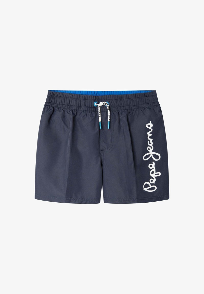 Navyblauwe zwemshorts met elastische tailleband en witte trekkoord, met een verticale witte "Pepe Jeans"-logo op het rechterbeen.