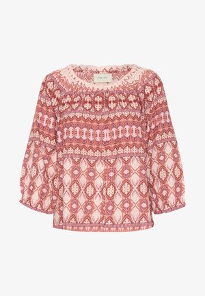Pink patterned blouse with a round neckline, puffed 3/4 sleeves, and intricate embroidery featuring floral motifs and geometric designs.