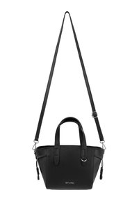 Mustast tekstureeritud nahast käekott lühikeste käepidemete ja pika reguleeritava õlarihmaga, hõbedased metalldetailid ja RYŁKO logo esiküljel.