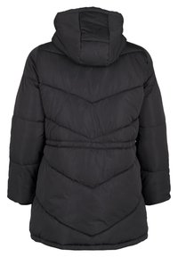Černá padded bunda s kapucí, která má vzor s kosočtverci, elastický pas a dlouhé rukávy. Hladký materiál s matným povrchem.